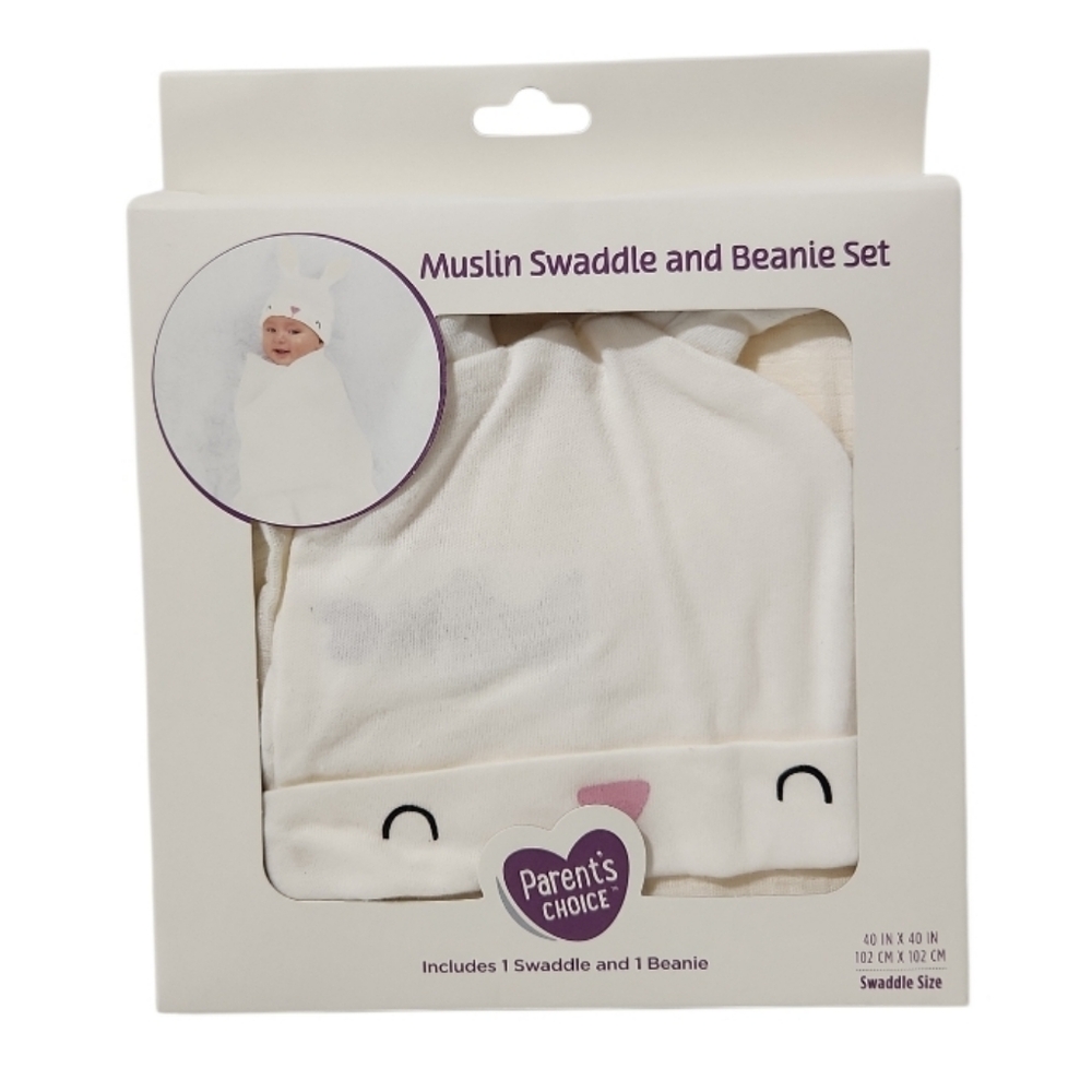 Parent's Choice 2-Piece Muslin Infant Bunny Swaddle Blanket Beanie Set